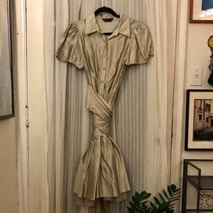 BCBG Max Azria Vintage Silver Metallic Fit and Flare Midi Dress